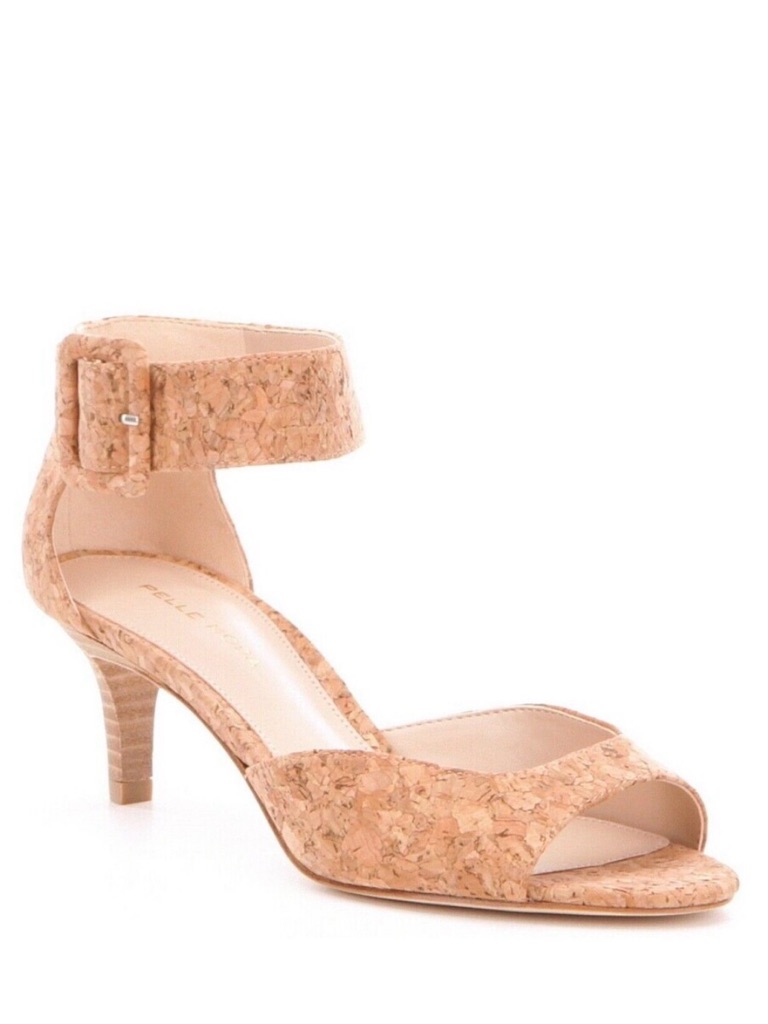 Pelle Moda Berlin Cork Sandals Size 6.5 M Peep-Toe Kitten-Heel Ankle Strap